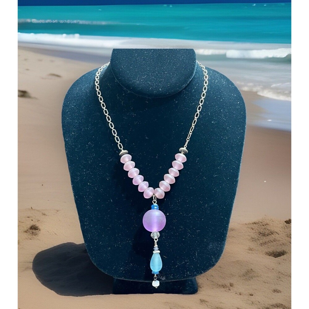 Handmade Sterling Silver Purple Pink Blue Sea Glass Pendant Necklace Vintage